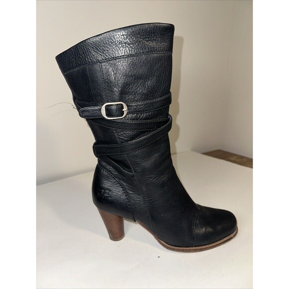 UGG Caroline High Heel Black Leather Side Zip Winter Boots Womens Sz 9 - Picture 1 of 11